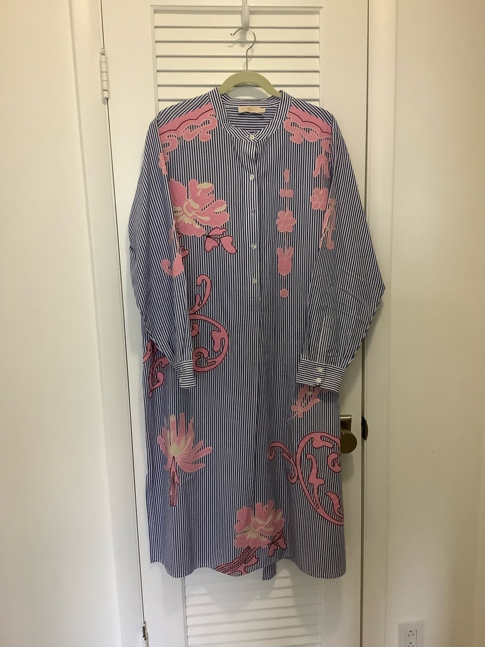 Tory Burch Striped Blue Pinstripe & Pink Appliqué Floral Shirt Dress